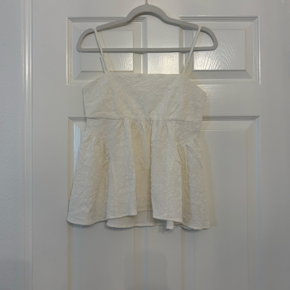 Chic White Textured Floral Camisole Babydoll Top